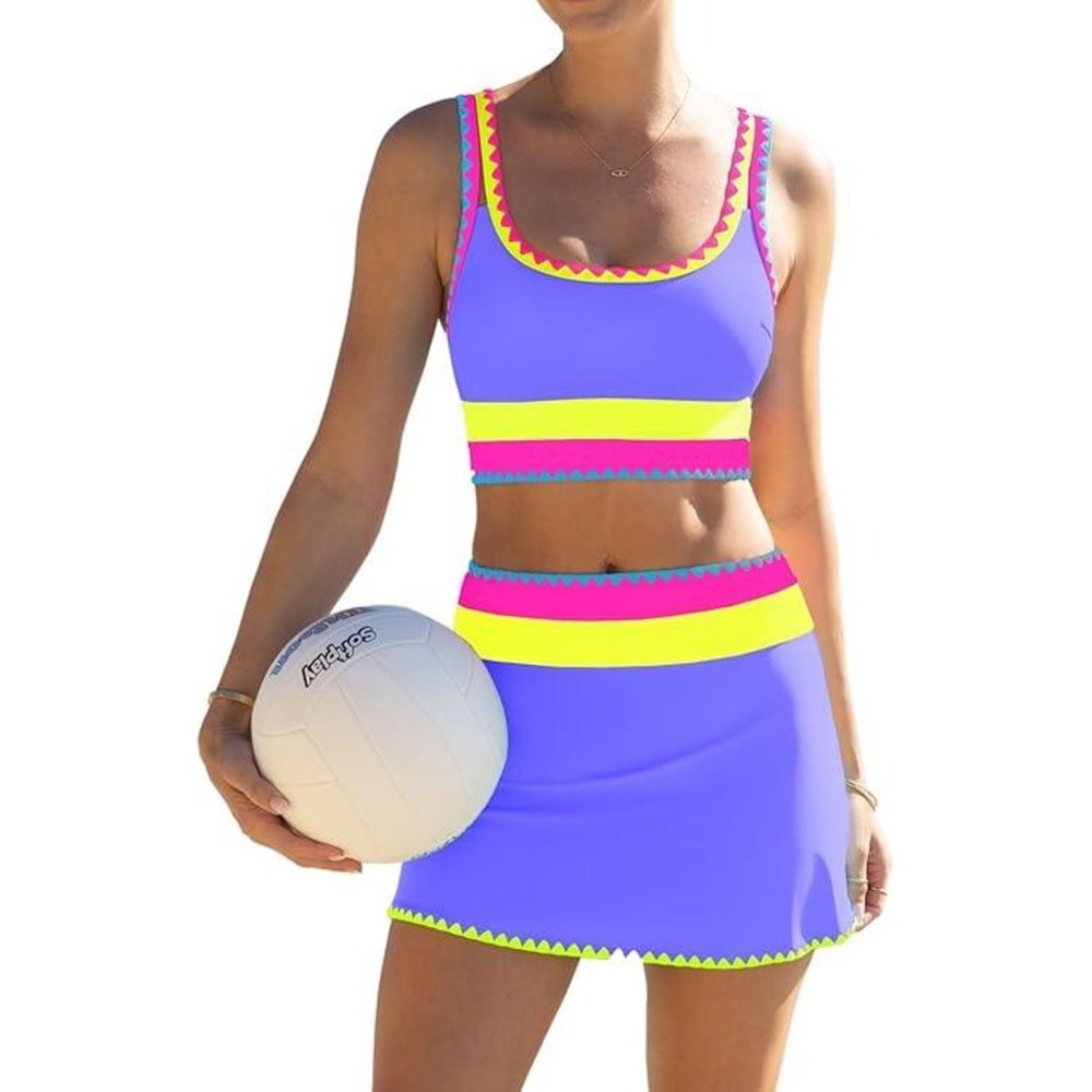 Popvil 3 Piece Swimsuit Set Purple Pink Yellow Colorblock Ric Rac Trim New L NWT